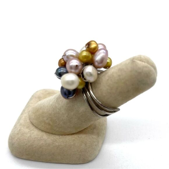 Multicolor Fresh Water Pearls on Silver tone Adjustable Ring - Picture 2 of 5